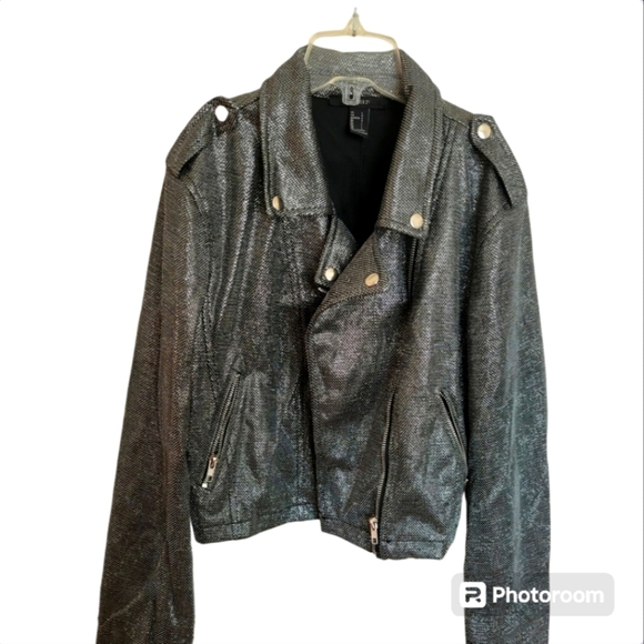 Forever 21 Silver Shimmer Black Biker Jacket Size Large - Picture 1 of 10